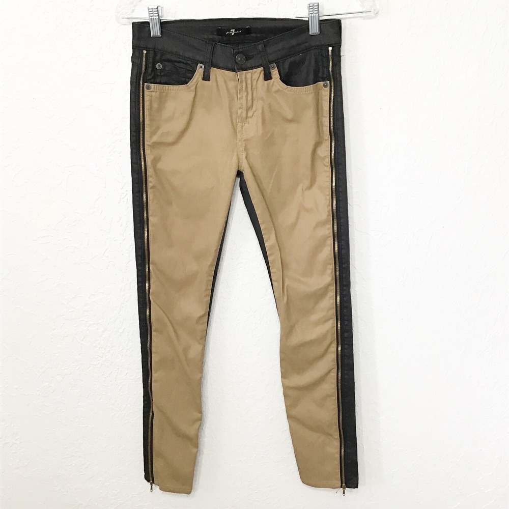 7 For All Mankind Two Tone Coated Skinny Jeans Black Tan Side Zippers Moto